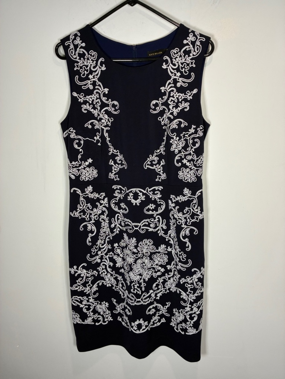 Karen Millen Embroidered Sheath Midi Dress Navy White Floral US 14